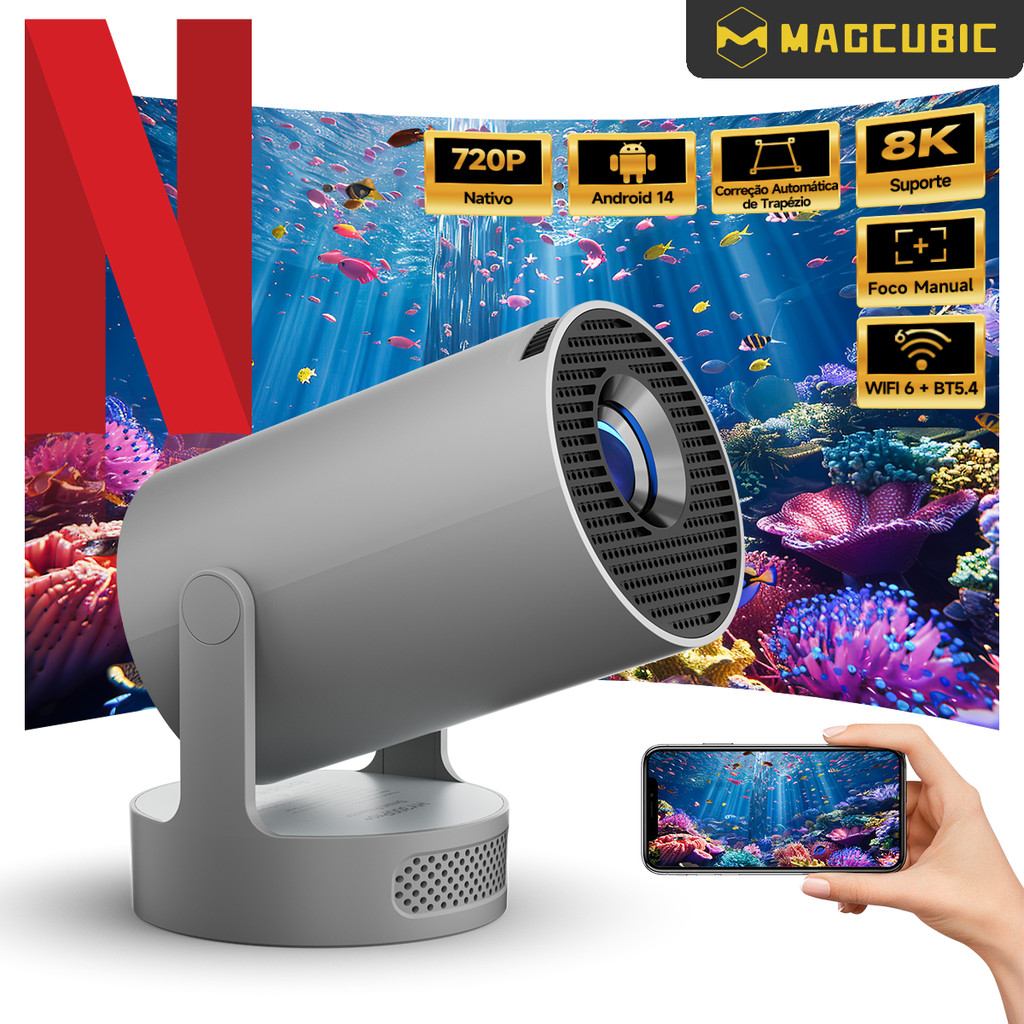 MAGCUBIC Projetor HY300 Pro+ 290ANSI WiFi6 BT5.4 Android 14 Portátil 4k Suporte