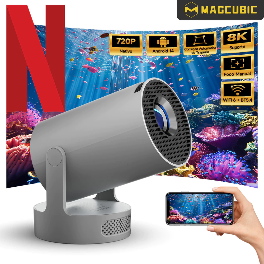MAGCUBIC Projetor HY300 Pro+ 290ANSI WiFi6 BT5.4 Android 14 Portátil 4k Suporte