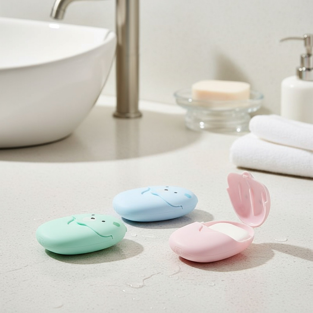 Sabonetes compactos em folhas para viagem, 50 unidades, estilo urso fofo, para limpeza das mãos.