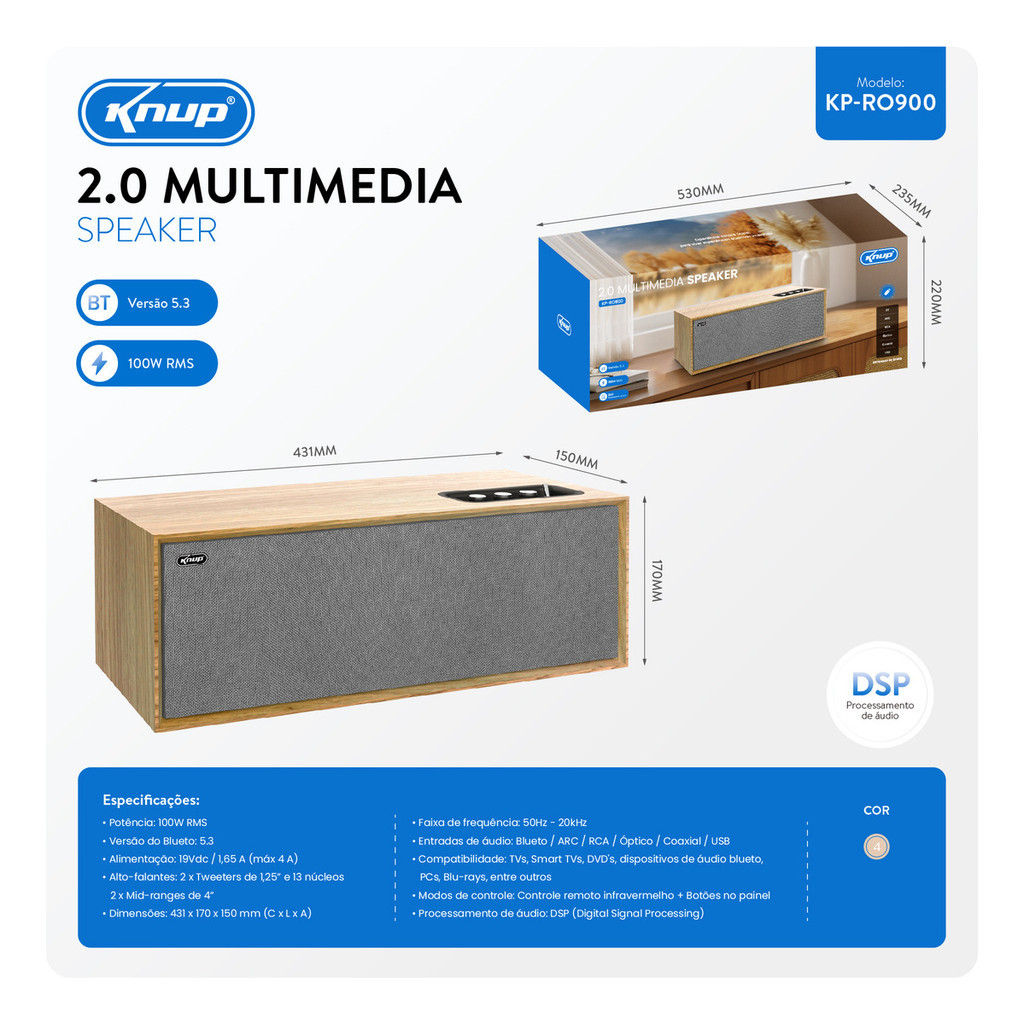 Caixa De Som Para TV Home Theater Knup KP-RO900 Com Controle Remoto DSP Som Potente