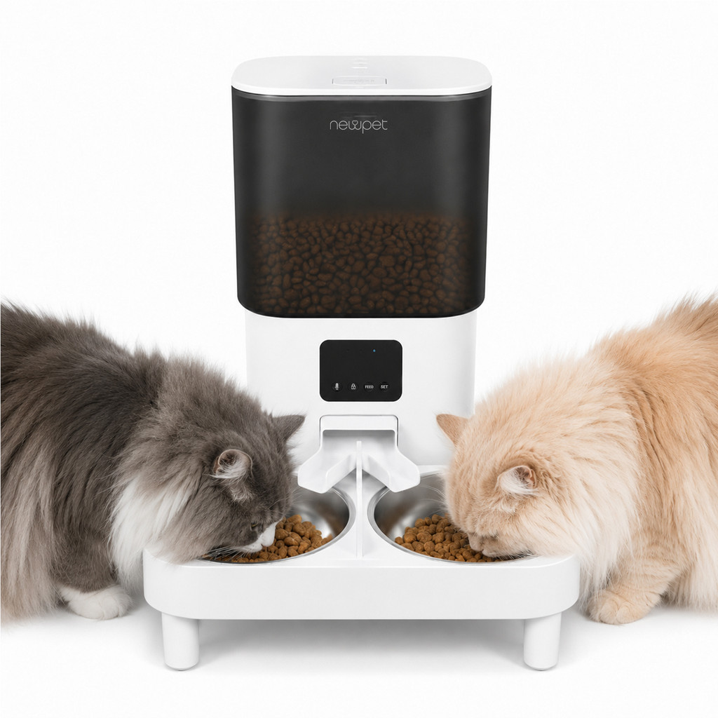 Newpet Alimentador Automático para Gatos e Cães 6L Com App Alimentação elevada com duas tigelas