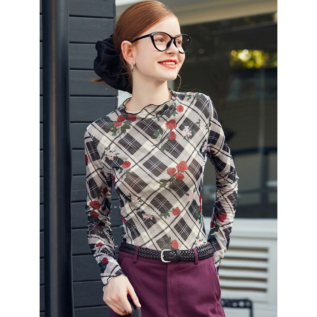 Palavras de veado branco estilo coreano menina quente xadrez rosa impressão onda borda manga comprida camiseta primavera