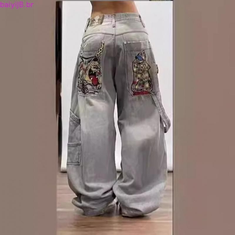 Y2k Rua Bordado Bolso Baggy Jeans Feminino Azul Lavado Angustiado Hip Hop Perna Larga Calças De Cintura Alta