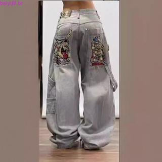 Y2k Rua Bordado Bolso Baggy Jeans Feminino Azul Lavado Angustiado Hip Hop Perna Larga Calças De Cintura Alta