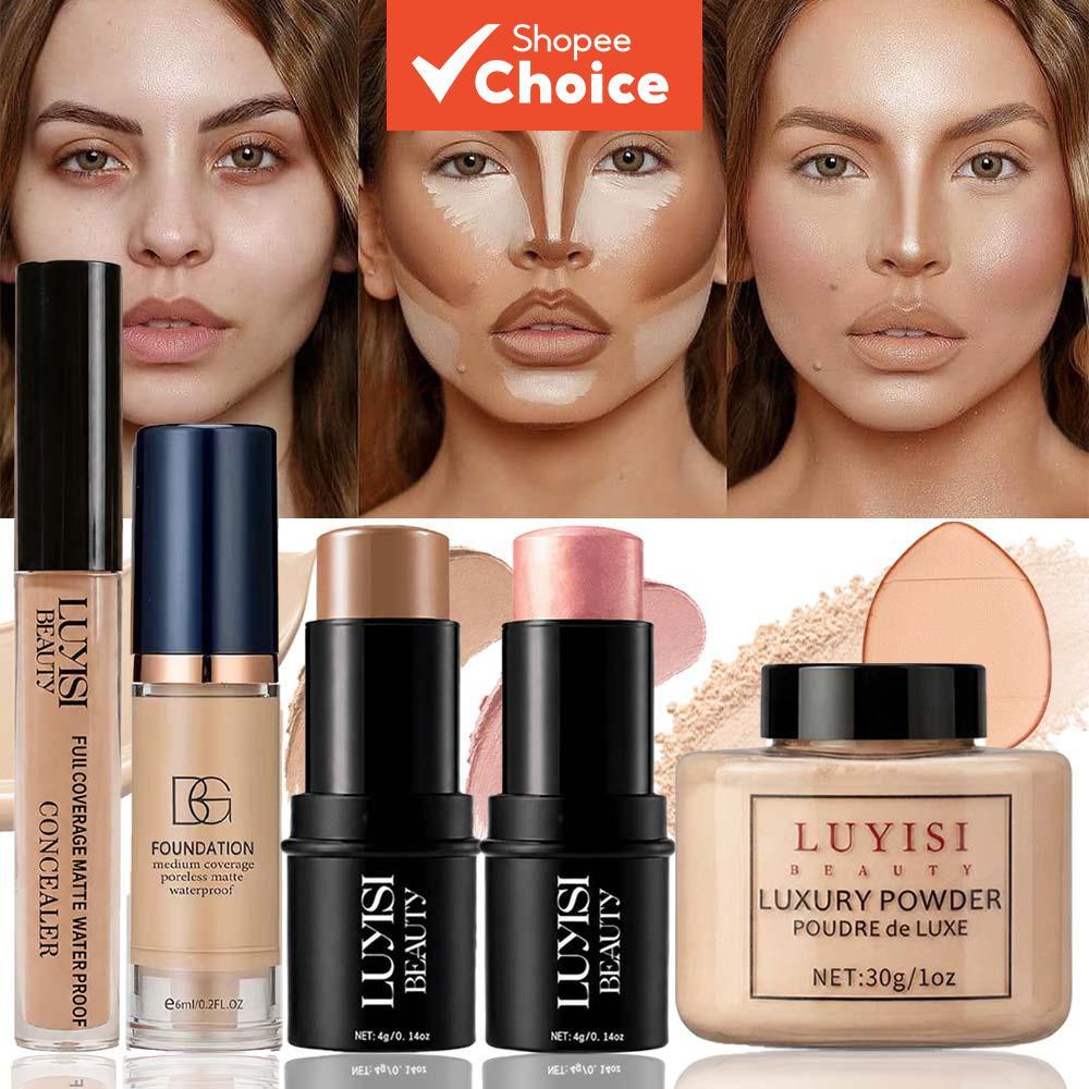 Conjunto De Maquiagem Facial , 6 Unidades – Corretivo , Base , Contorno , Blush Sticks , Pó Solto E Puff Acabamento Suav
