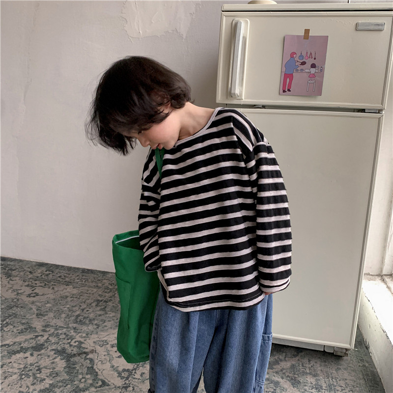 Meninos 2025 primavera outono novo estilo algodão listrado manga comprida camiseta médio pequeno crianças moda na moda e