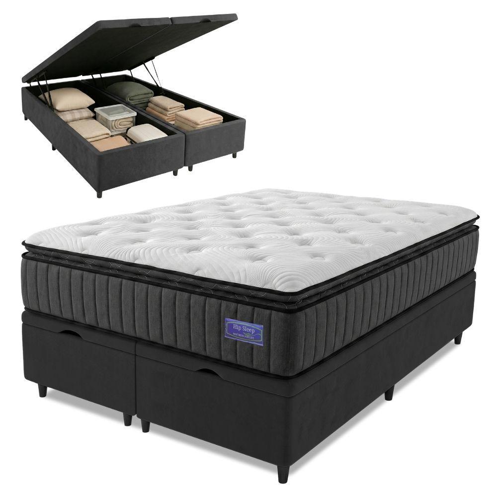 Cama Box Baú Queen Colchão Ortopédico Titã Molas Ensacadas Pillow Top 158x198x75cm Hip Sleep