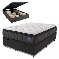 Cama Box Baú Queen Colchão Ortopédico Titã Molas Ensacadas Pillow Top 158x198x75cm Hip Sleep