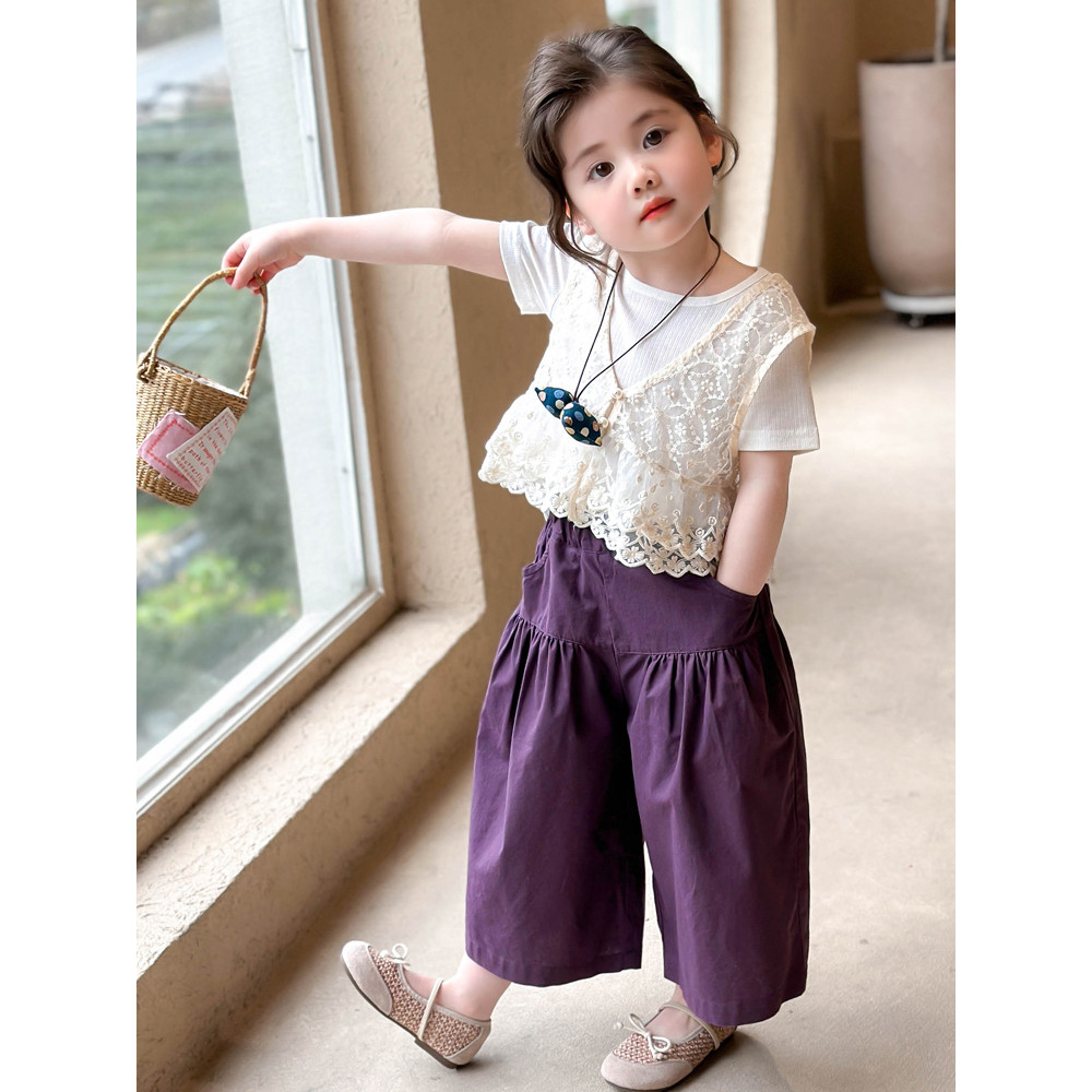 Meninas verão novo estilo coreano colete de renda camiseta terno de três peças moda menina bebê moda calças de perna lar