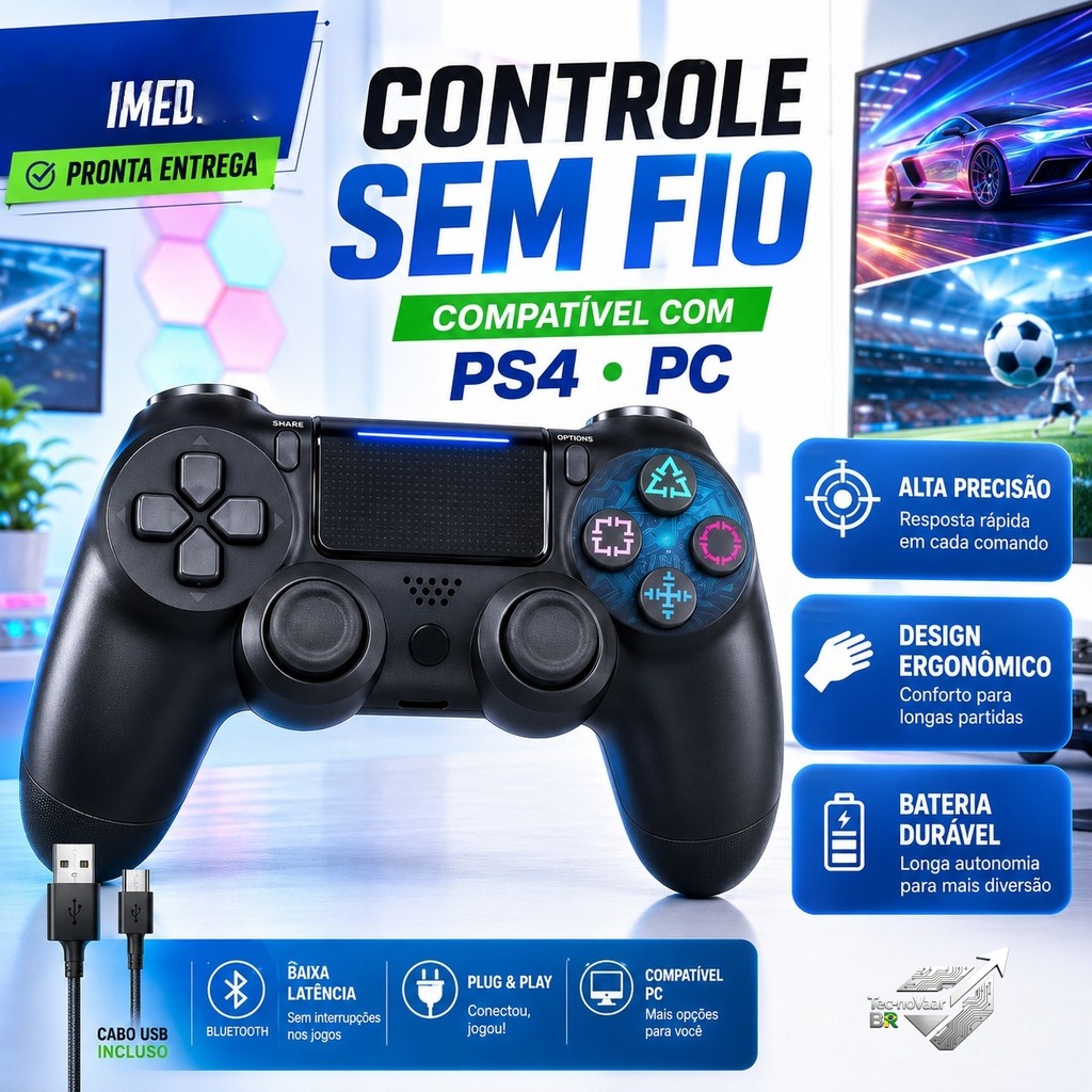 Controle Sem Fio Bluetooth PS4 Recarregável Joystick | Vibração + Touchpad | Compatível PC Smart TV Preto