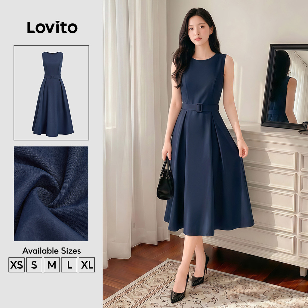Lovito Elegante Vestido com Cinto Estrutura Linha Azul Escuro Primavera/verão pa