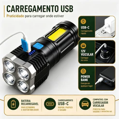 Lanterna LED Recarregável USB 4 Núcleos Super Brilhante Multi-Função À Prova d’Água