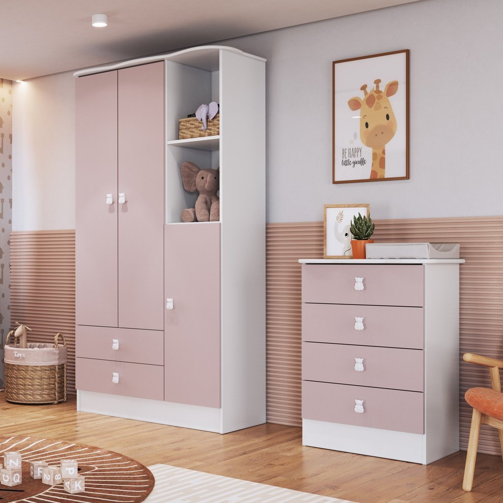 Quarto de Bebê Completo com Guarda-Roupa e Cômoda Arco-Íris Rosa/Branco Rosa!