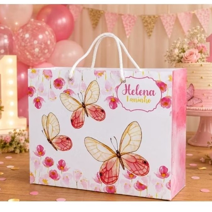Sacolinha Personalizada Borboleta Rosa Luxo | Lembrancinha Aniversário Infantil Menina Tema Jardim Encantado | 15x20x5cm