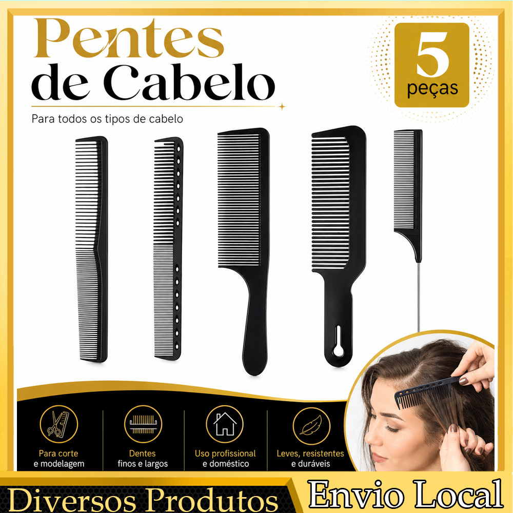 Kit 5 Pentes de Cabeleireiro em Fibra de Carbono para Corte, Salão, Barbeiro, Penteado e Uso Pessoal Profissional