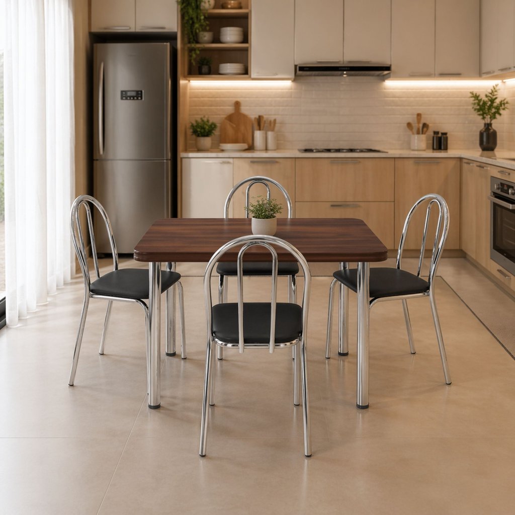 Conjunto Sala de Jantar Mesa 120cm 4 Cadeiras Tubular Corino Cromado/Nogueira/Preto Preto/Nogueira