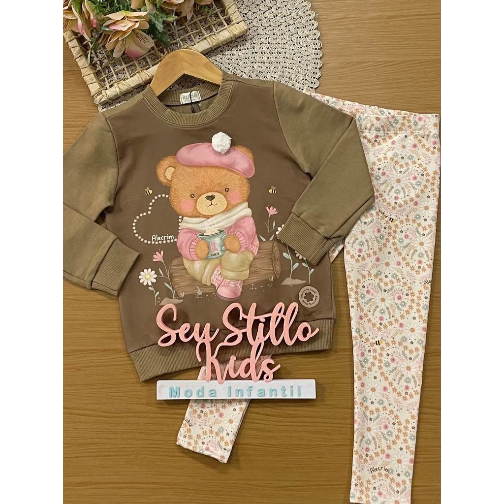 Conjunto Infantil Kukiê Inverno Legging e Moletom sem Flanela Marrom Ursinha