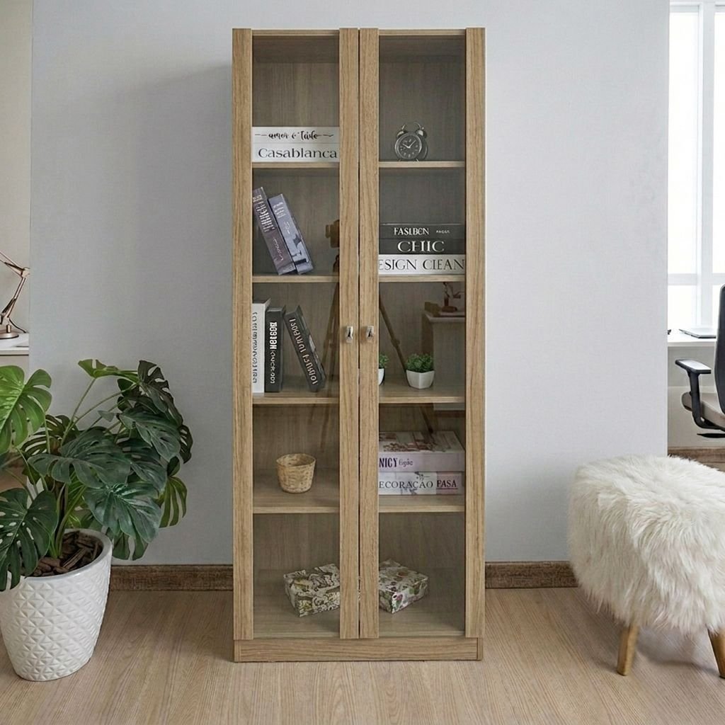 Armário para Escritório com 2 Portas de Vidro e 5 Prateleiras ME4115 Marrom Amêndoa