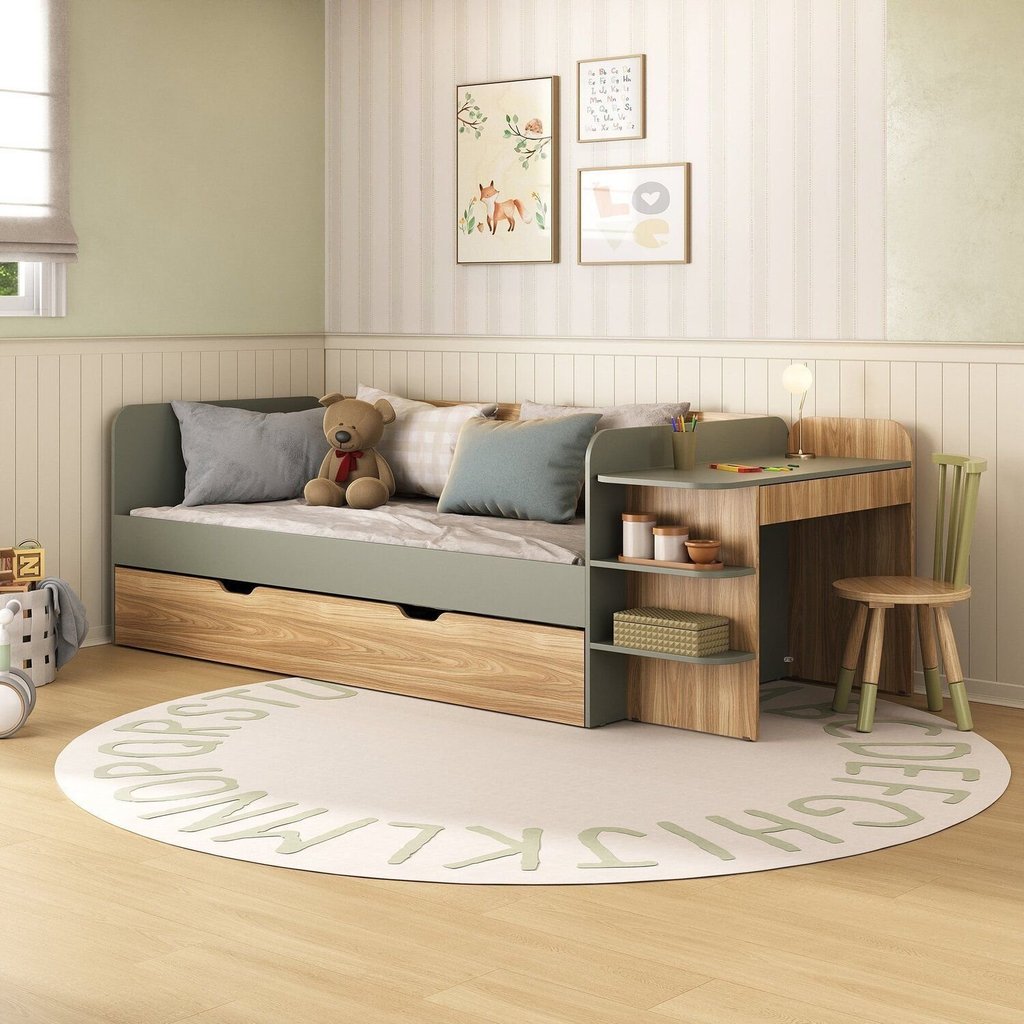 Cama de Solteiro Funcional Infantil com Escrivaninha e Cama Auxiliar 100% MDF Premium Helena Marrom/Verti/Louro Freijó