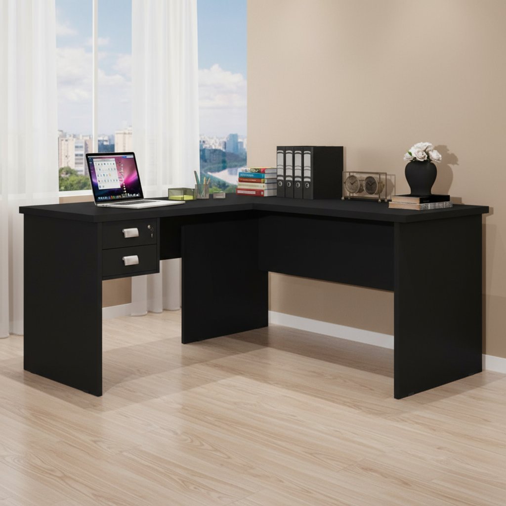 Escrivaninha Mesa Escritório em L Thor 2 Gavetas 150cm Espresso Móveis Preto Preto