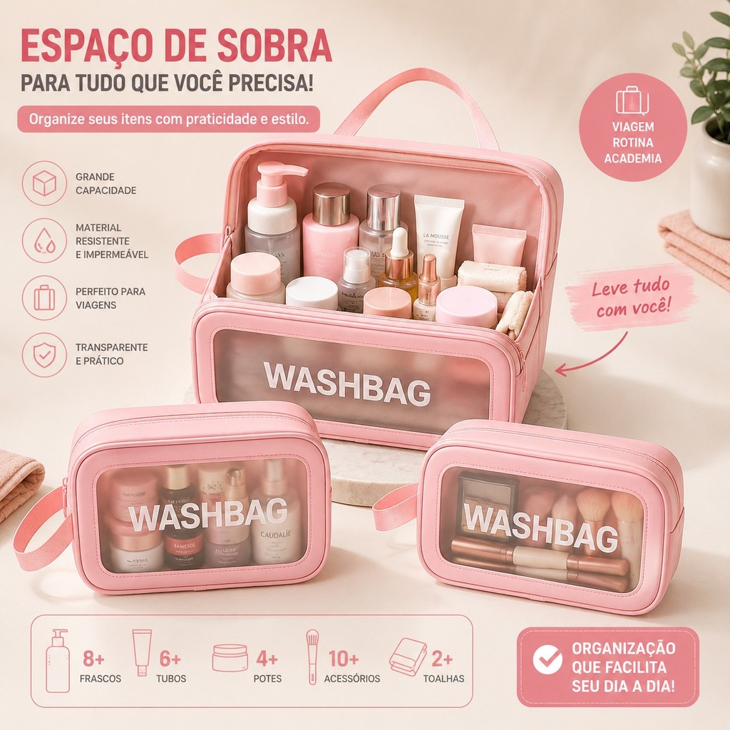 Kit 3 Necessaires Impermeáveis Organizadoras para Viagem e Maquiagem MC04