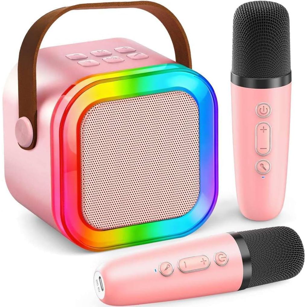 Máquina de Karaokê para Crianças e Adultos, Mini Caixa de Som Bluetooth Portátil com 2 Microfones Sem Fio, Luzes LED, Si