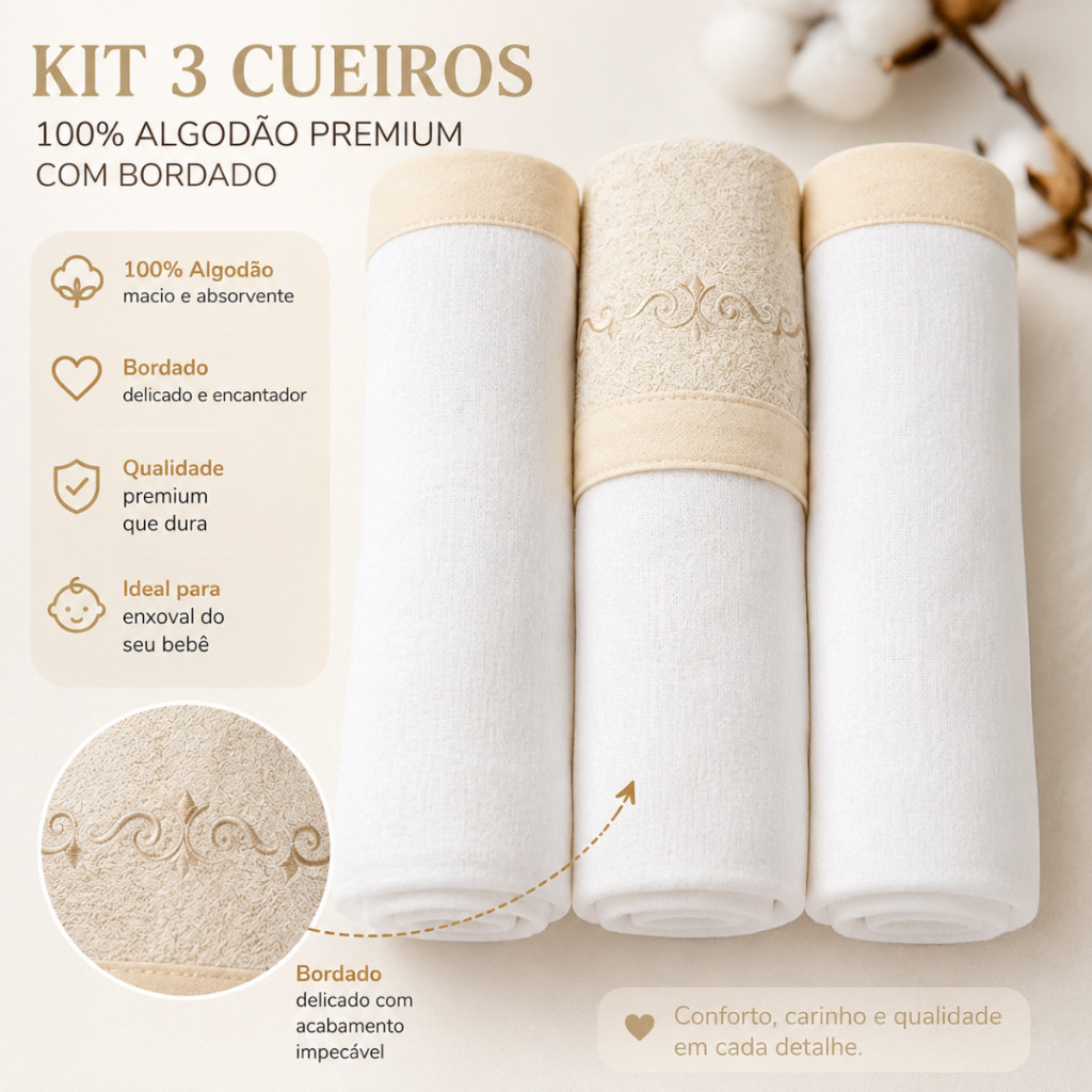 Cueiro Premium Luxo 100% Algodão 80x80 3pçs Enxoval Bebê Luxo Loupiot