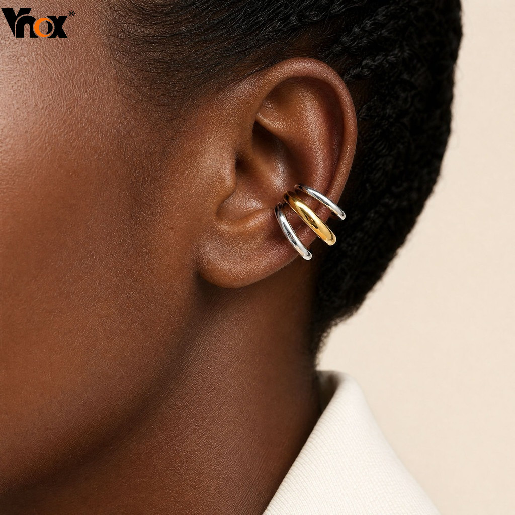 Vnox 1 Peça Sem Piercing C Orelha Manguito Clipe Em Brincos Para Mulheres Dois Tons De Aço Inoxidável Triplo