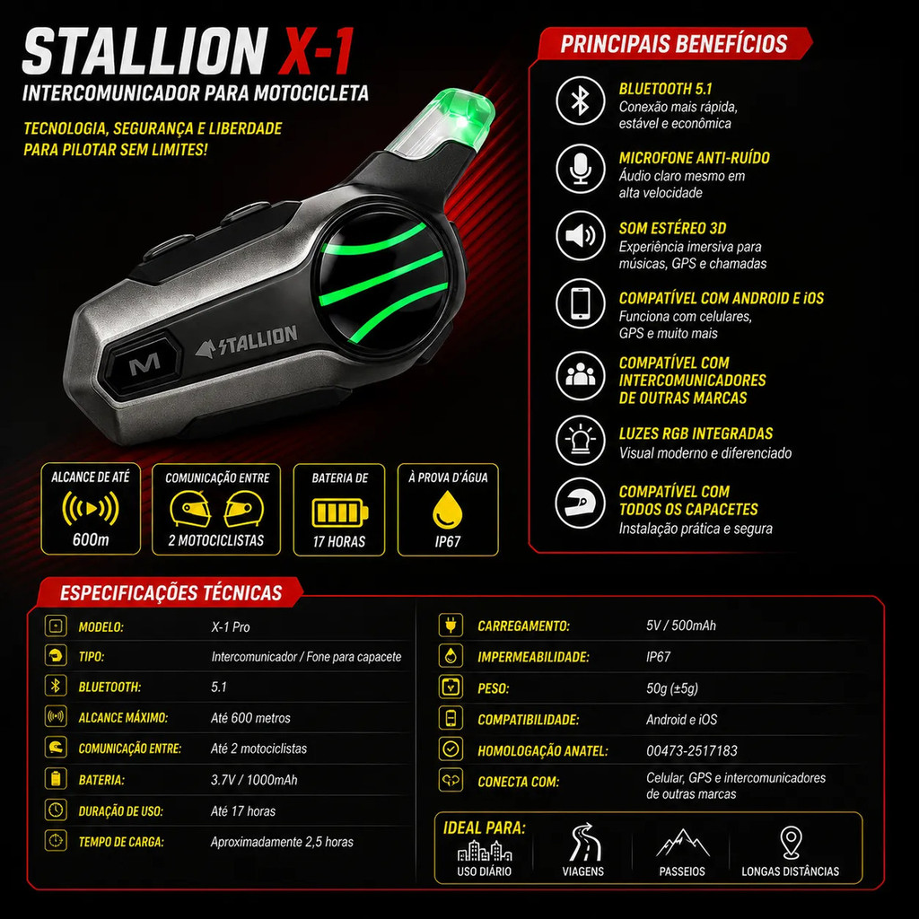 Intercomunicador Moto Stallion X1 Pro Bluetooth Capacete 600 — imagem 2 de 2
