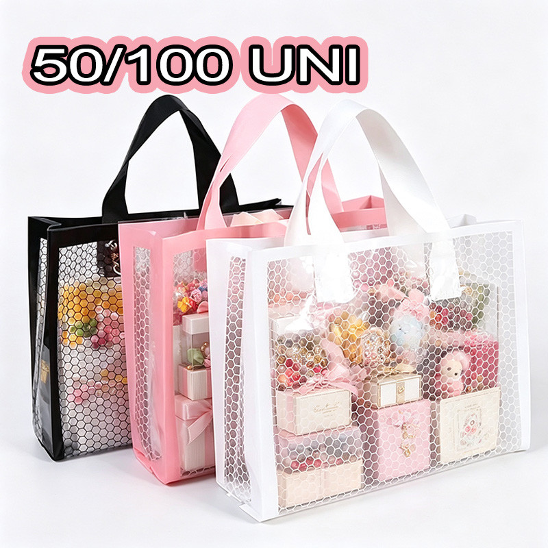 Kit 50/100 Un Sacolas De Presente Transparente PVC Com Textura De Colmeia P/compras No Atacado, Feriados E Festas