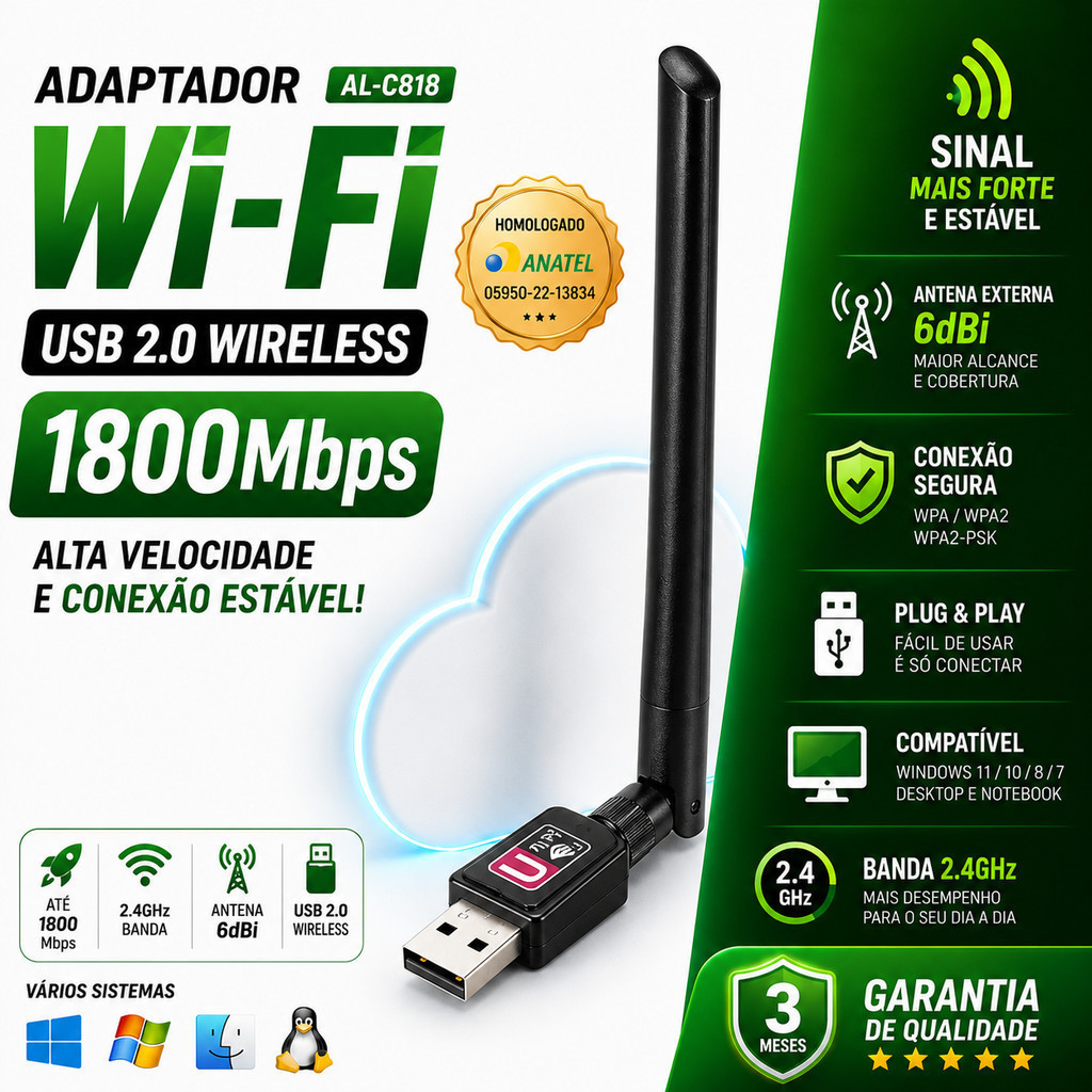 Adaptador Wi-Fi USB 574Mbps AL-C818 2.4G | Antena 19cm Plug & Play | PC Notebook Não é USB 3.0