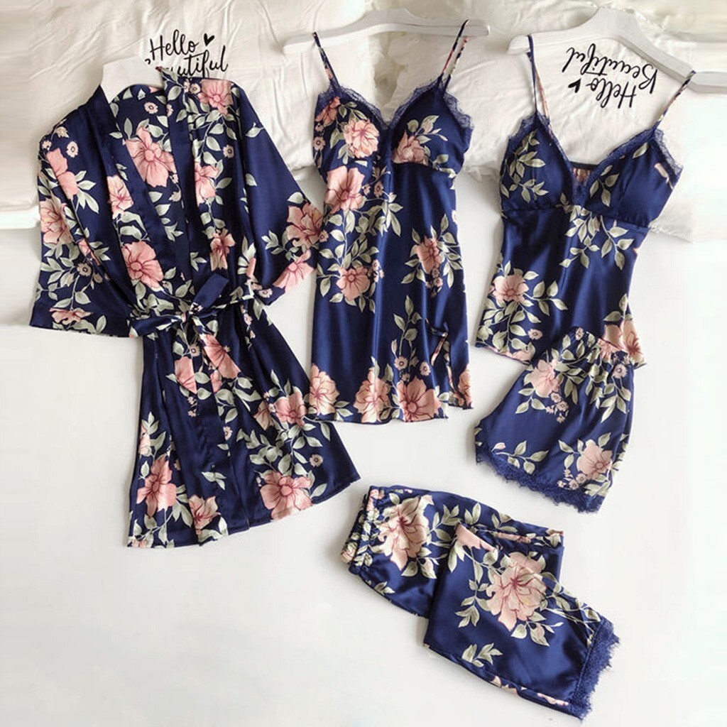 Imagem Pijamas estampados femininos estilingue dormir solto confortável renda cinco peças Loungewear roupa interior camisola ro