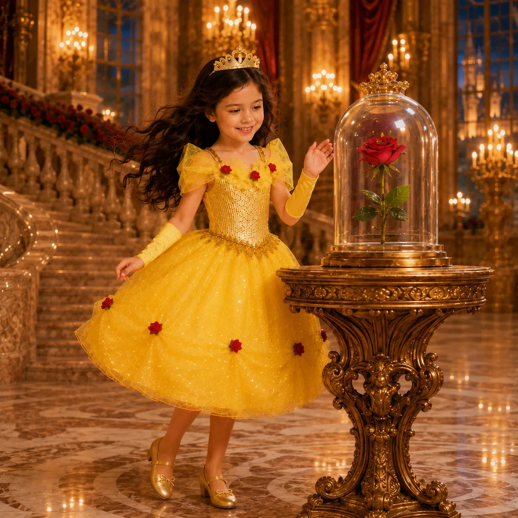 Fantasia Vestido Princesa Bela Infantil Luxo C/ Coroa e Luva + Brinde Envio Imediato — imagem 2 de 2