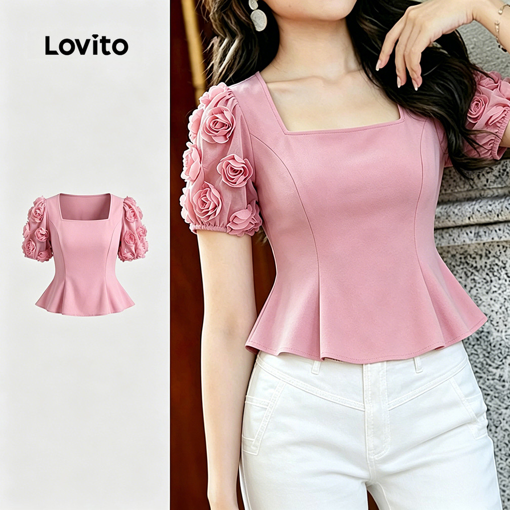 (New Arrival) Lovito Blusa Feminina Elegante De Manga Curta Decote Quadrado Apli