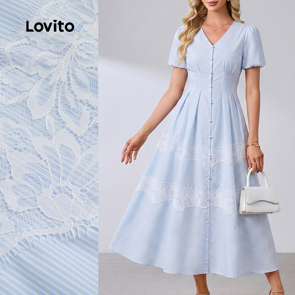 (New Arrival) Lovito Vestido Midi Azul Elegante Listrado Com Decote Em V Renda E