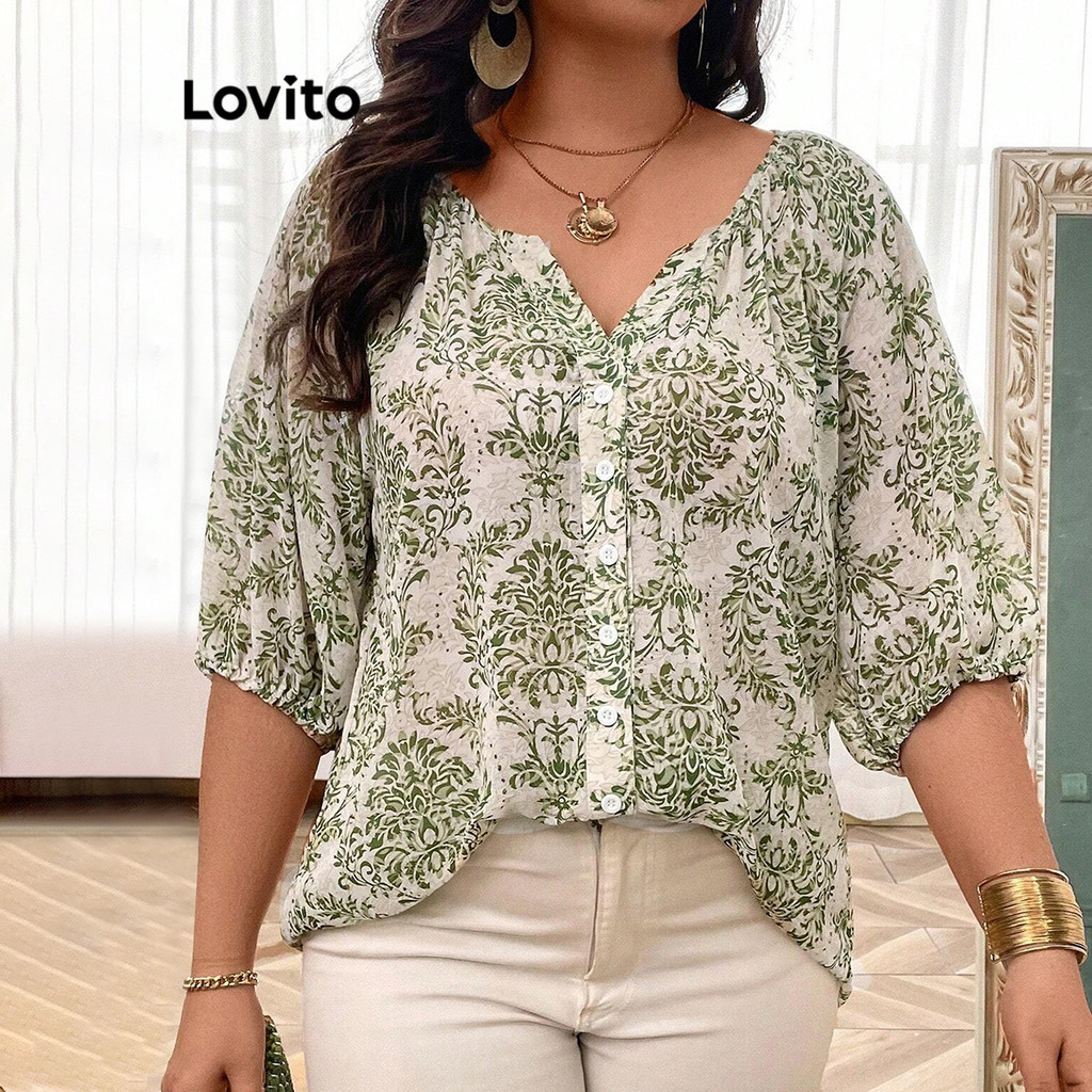 Lovito Casual Blusa Feminina Curva Plus Size Verão/Primavera Blusa Frontal Com B