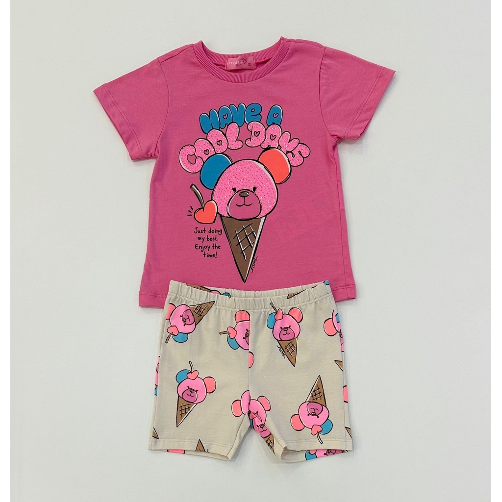 Conjunto Infantil Momi Rosa Verão Blusa Sorvete e Shorts Ciclista Estampado Conforto