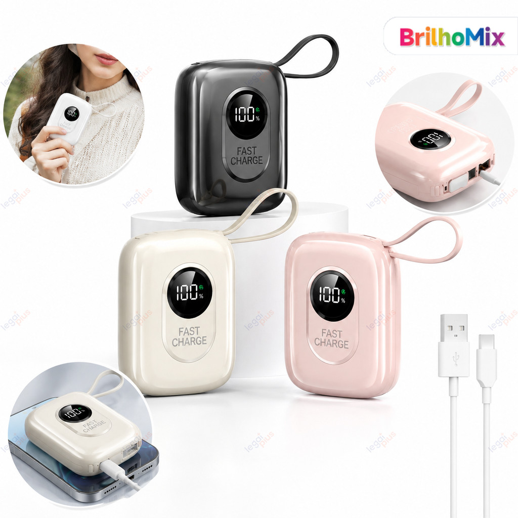 Carregador Portátil 12000mAh , Banco De Potência De Alta Capacidade Com Relâmpago Integrado E Cabos Tipo C , Tela LED ,