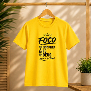 Camiseta Amarela Unissex Estampa Foco Fé Casual Confortável Brasil