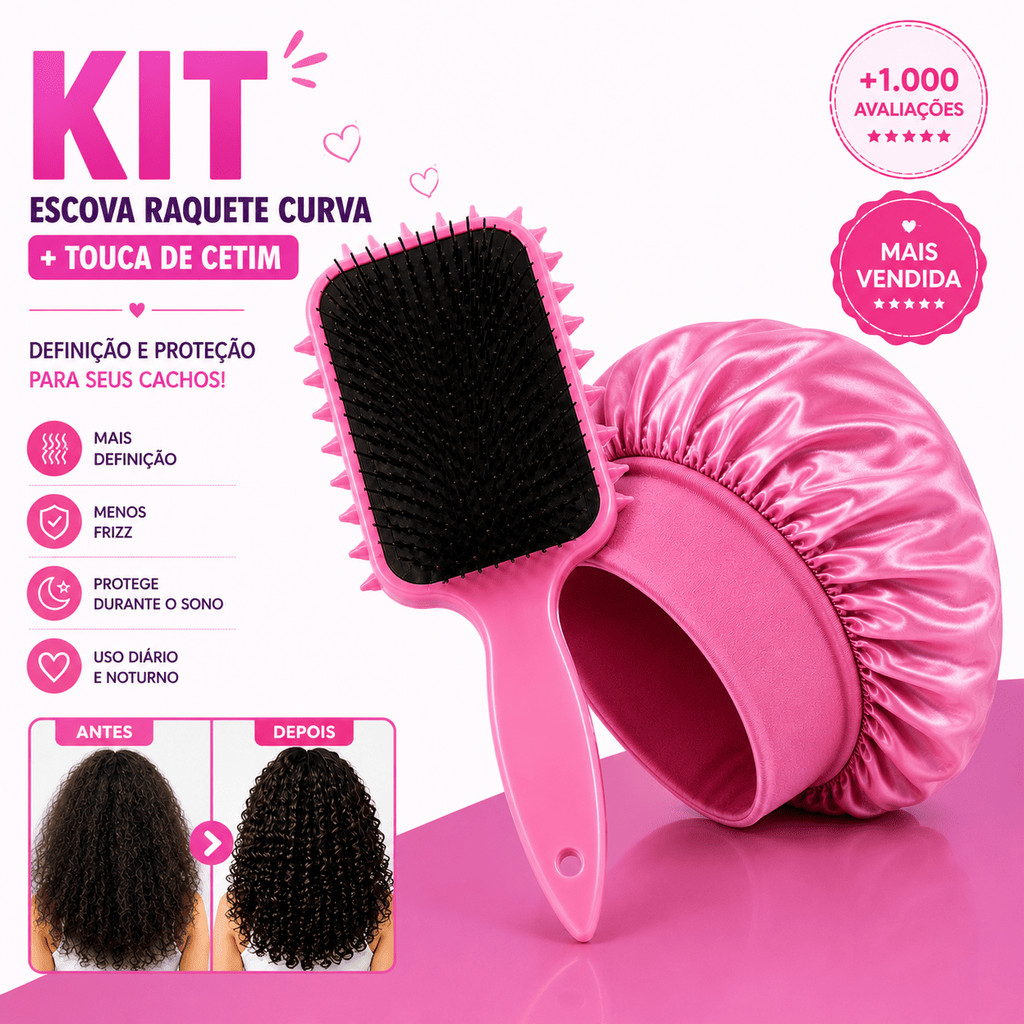 Kit Cachos Definidos Escova para Fitagem + Touca de Cetim com Faixa Anti Frizz Cabelo Cacheado e Crespo