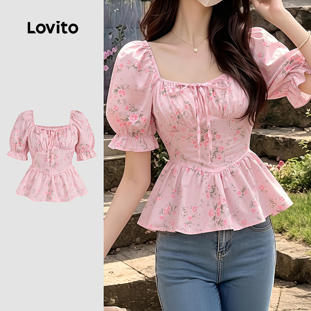 (New Arrival) Lovito Blusa Casual com Flores para Primavera/verão Blusa Rosa par