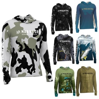 Camiseta De Pesca Mar Negro C/ Capuz e Proteção Uv 50+ Todas as Cores X-Protection Sublimada Poliéster e Elastano