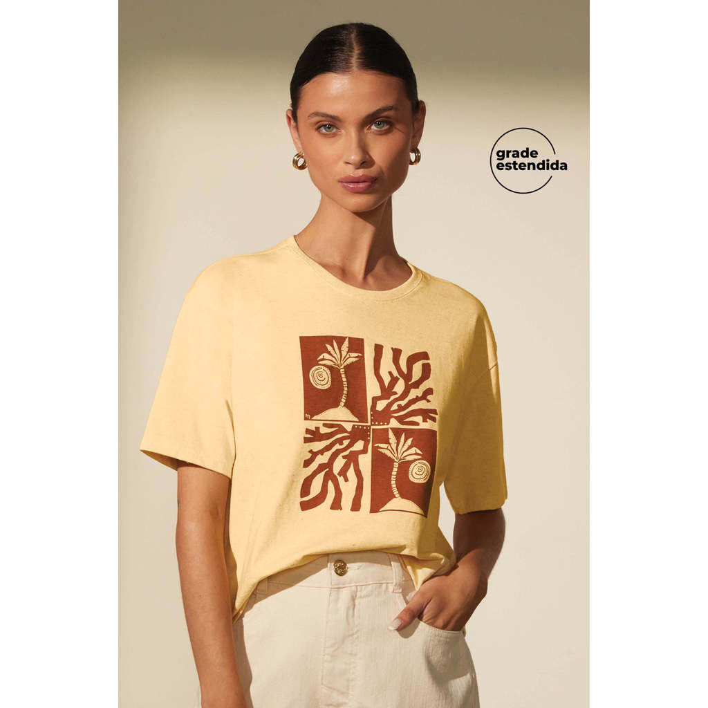 T-Shirt Feminina Eco Linho Estampada Marialícia Amarelo