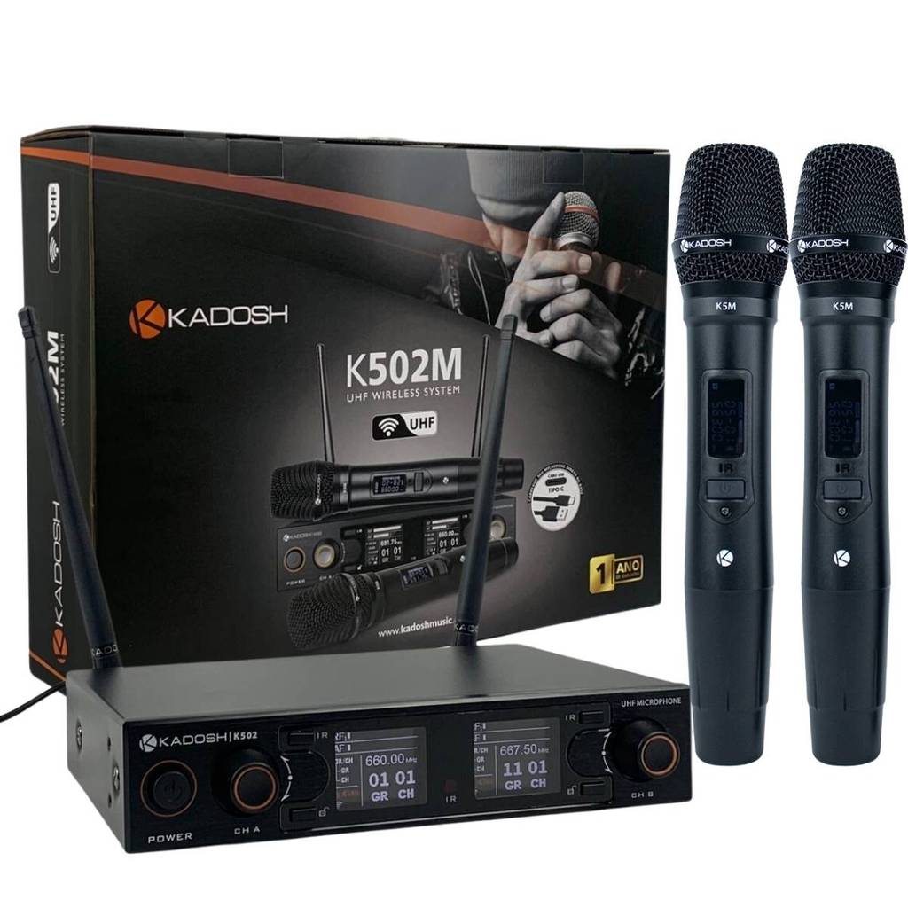 Microfone Sem Fio Duplo Kadosh K502 Profissional UHF com 2 Transmissores, Receptor e Cabo de Carregamento
