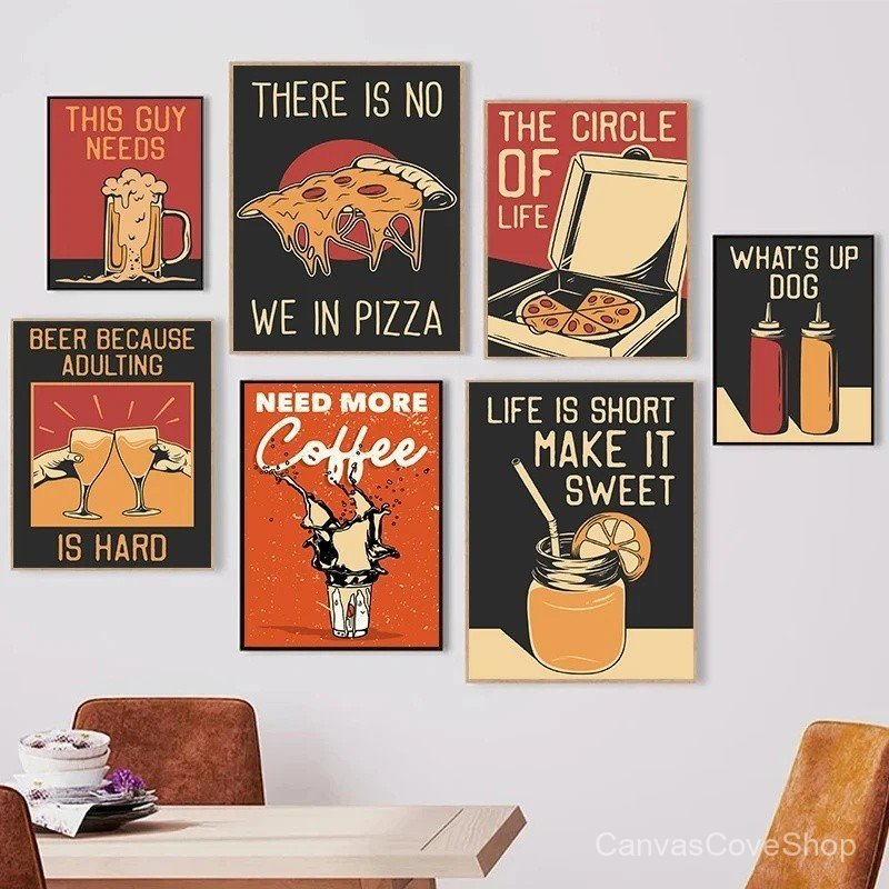 Pôsteres Vintage de Comida e Bebida VIEK, Pizza, Batatas Fritas, Limonada, Impressões em Tela, Arte de Parede para Decor
