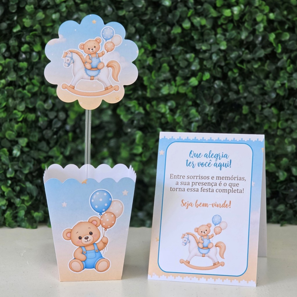 Centros de mesa + Plaquinhas BRINQUEDOS URSINHO AZUL festa infantis lembrancinhas aniversario decoração personalizados