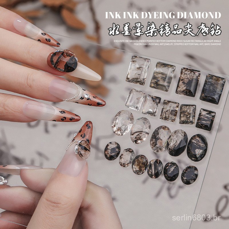 Decoração de unhas tingida com detalhes de diamante, base Lin Er estilo tinta, pontas de unhas em formato de ovo nude, d