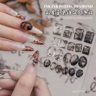 Decoração de unhas tingida com detalhes de diamante, base Lin Er estilo tinta, pontas de unhas em formato de ovo nude, d