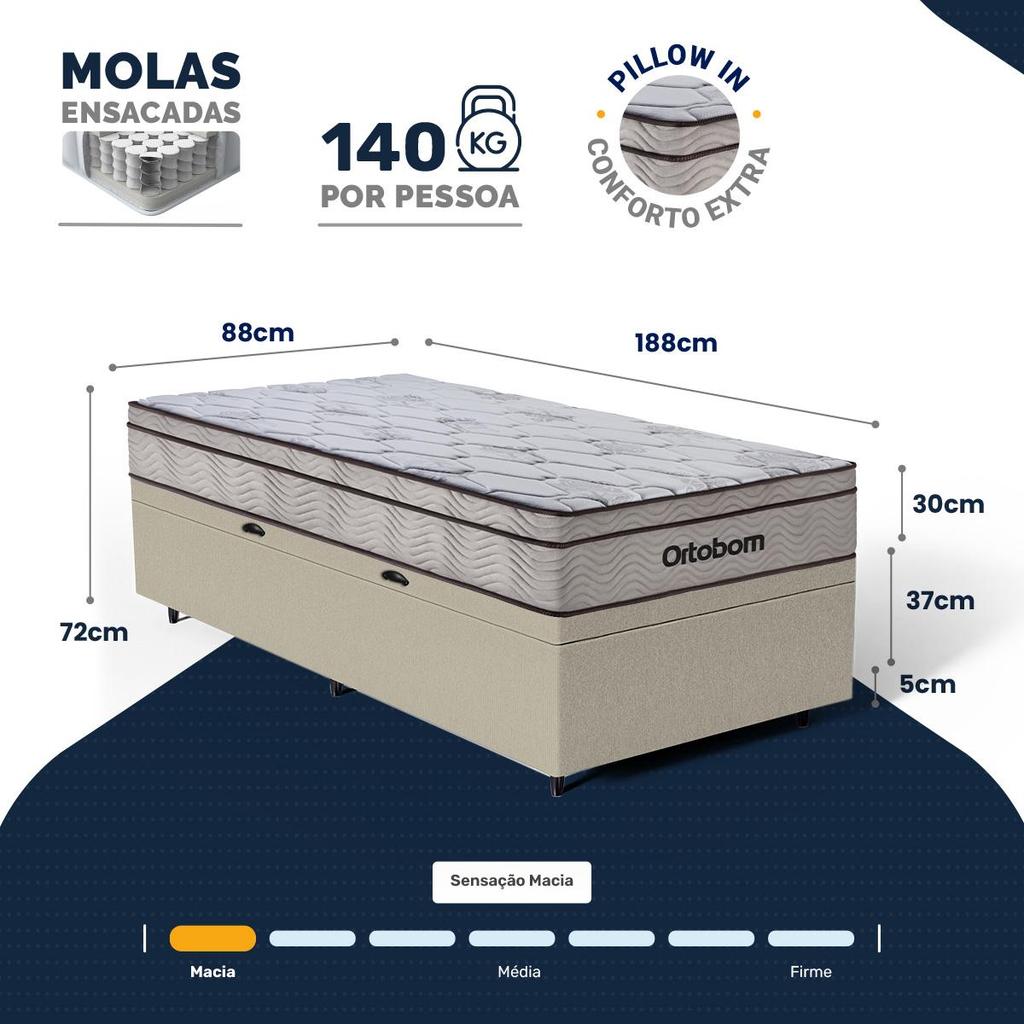 Cama Box Baú com Colchão Ortobom de Molas Ensacadas Pillow In Pro Vida Solteiro 88cm — imagem 2 de 2