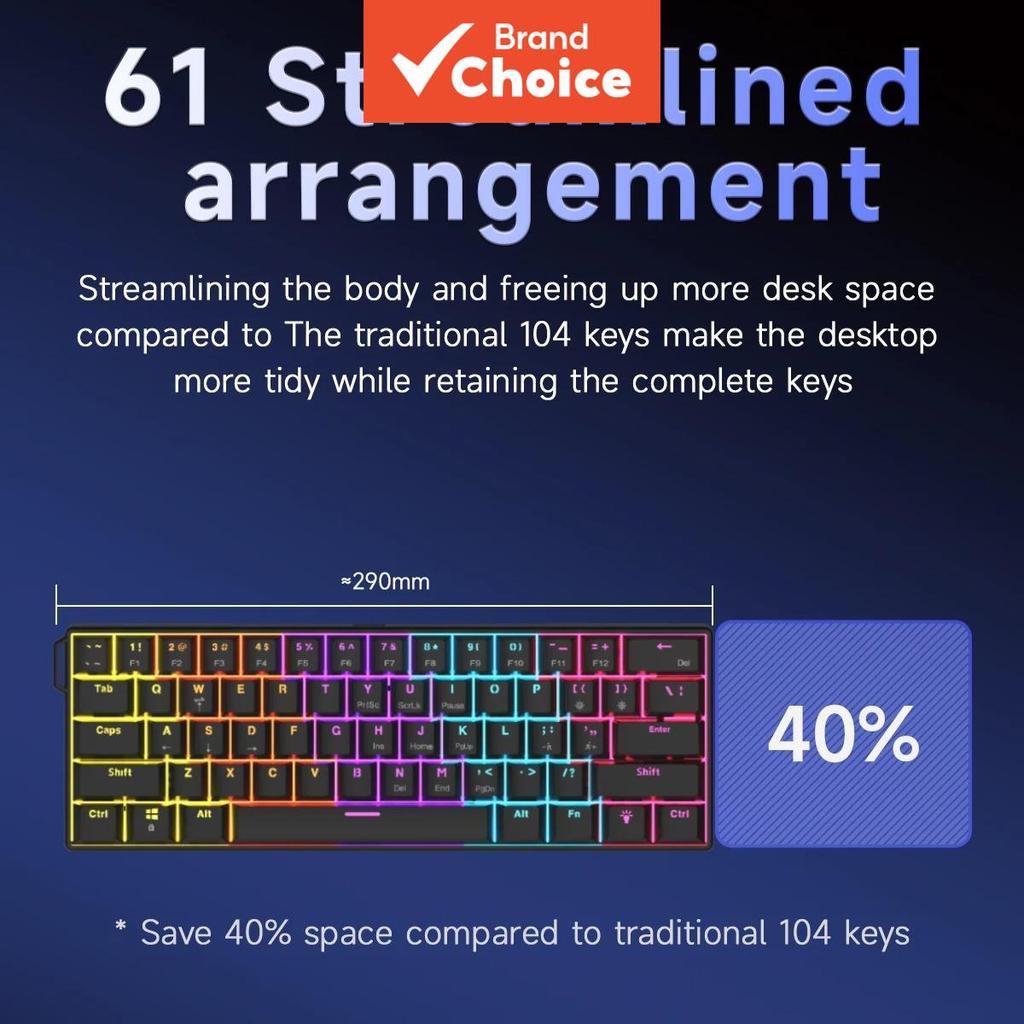 Teclado Mecânico Compacto Ajazz NK61, Layout 60% com 61 Teclas, Interruptor Vermelho Substituível, Retroiluminação RGB,